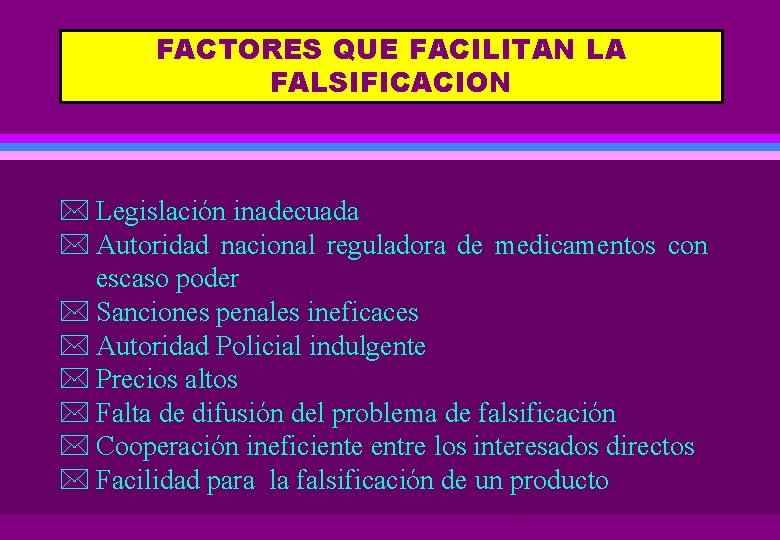 FACTORES QUE FACILITAN LA FALSIFICACION * Legislación inadecuada * Autoridad nacional reguladora de medicamentos