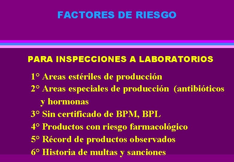 FACTORES DE RIESGO PARA INSPECCIONES A LABORATORIOS 1° Areas estériles de producción 2° Areas