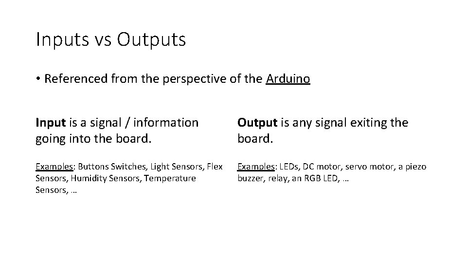 Inputs vs Outputs • Referenced from the perspective of the Arduino Input is a