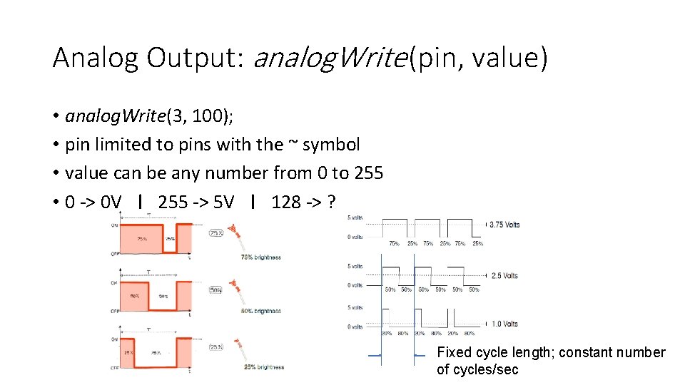 Analog Output: analog. Write (pin, value) • analog. Write(3, 100); • pin limited to