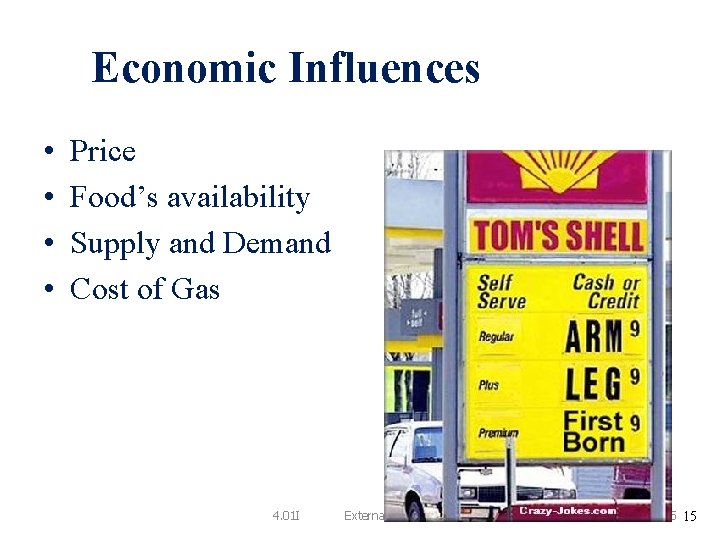 Economic Influences • • Price Food’s availability Supply and Demand Cost of Gas 4.