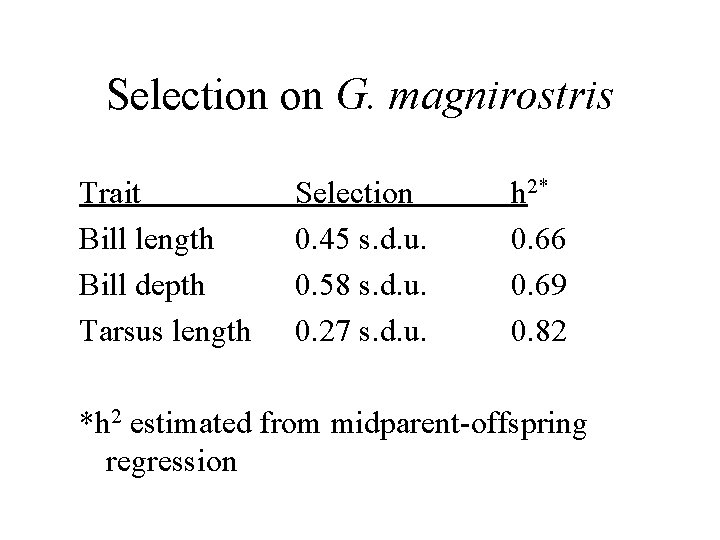 Selection on G. magnirostris Trait Bill length Bill depth Tarsus length Selection 0. 45
