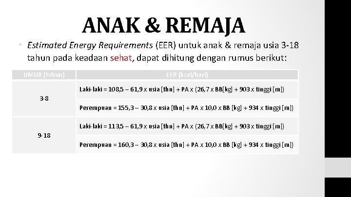 ANAK & REMAJA • Estimated Energy Requirements (EER) untuk anak & remaja usia 3
