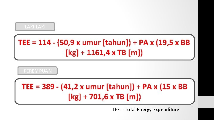 LAKI-LAKI TEE = 114 - (50, 9 x umur [tahun]) + PA x (19,