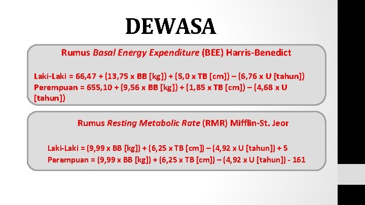 DEWASA Rumus Basal Energy Expenditure (BEE) Harris-Benedict Laki-Laki = 66, 47 + (13, 75