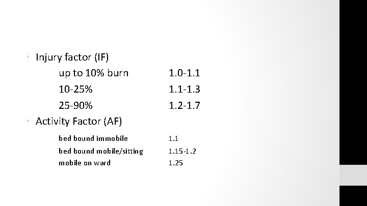  • Injury factor (IF) up to 10% burn 10 -25% 25 -90% •