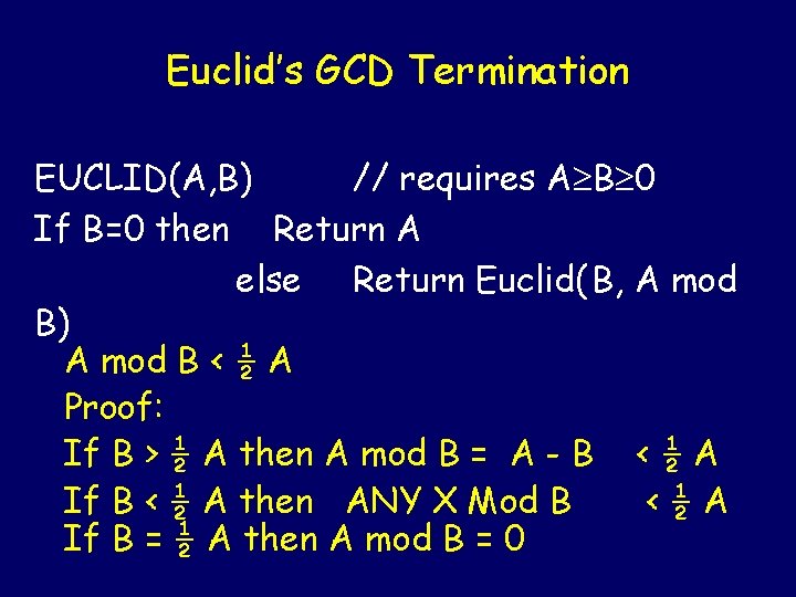 Euclid’s GCD Termination EUCLID(A, B) // requires A B 0 If B=0 then Return