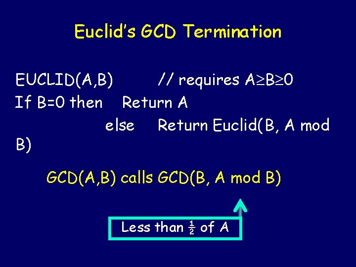 Euclid’s GCD Termination EUCLID(A, B) // requires A B 0 If B=0 then Return