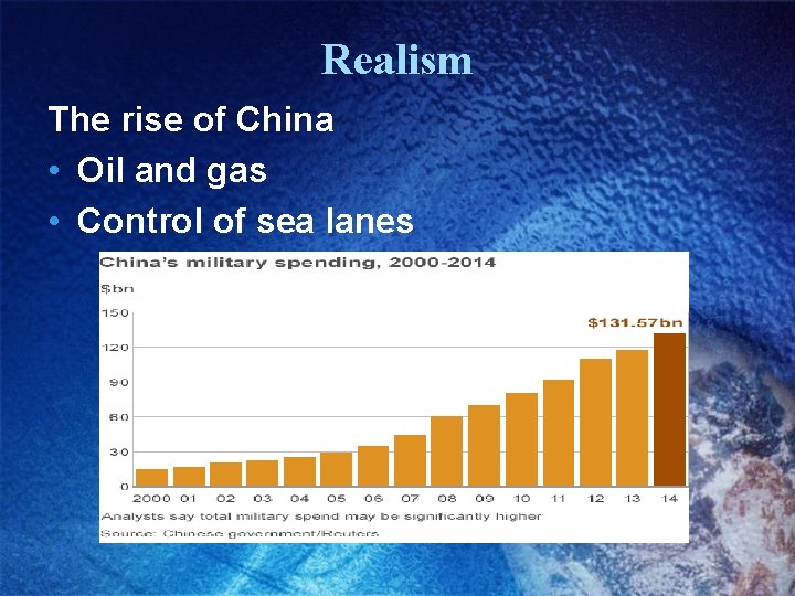Realism The rise of China • Oil and gas • Control of sea lanes