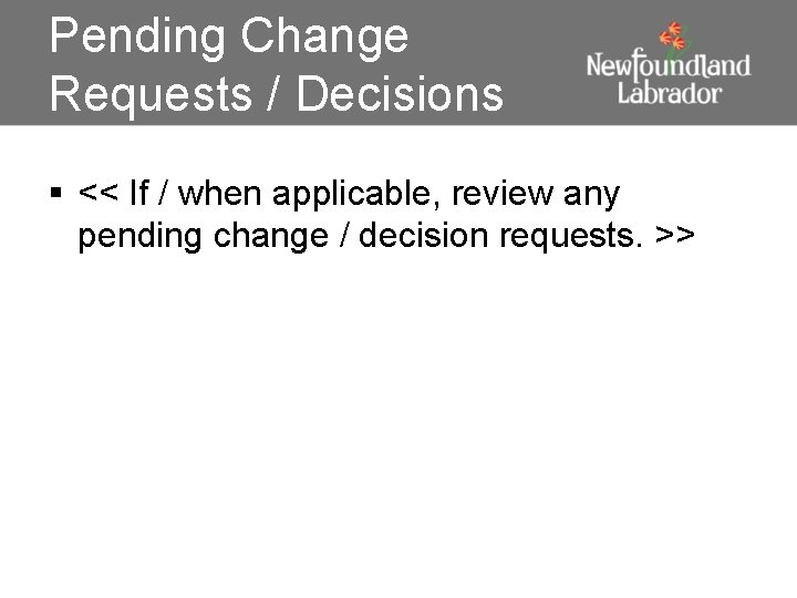 Pending Change Requests / Decisions § << If / when applicable, review any pending
