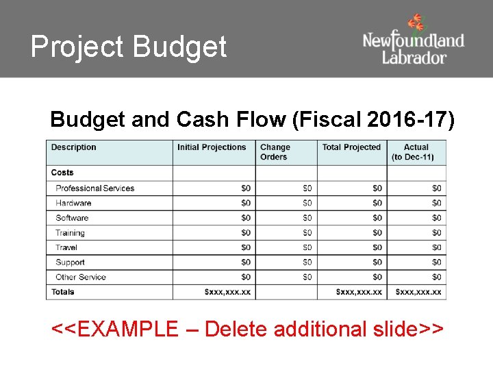 Project Budget and Cash Flow (Fiscal 2016 -17) <<EXAMPLE – Delete additional slide>> 