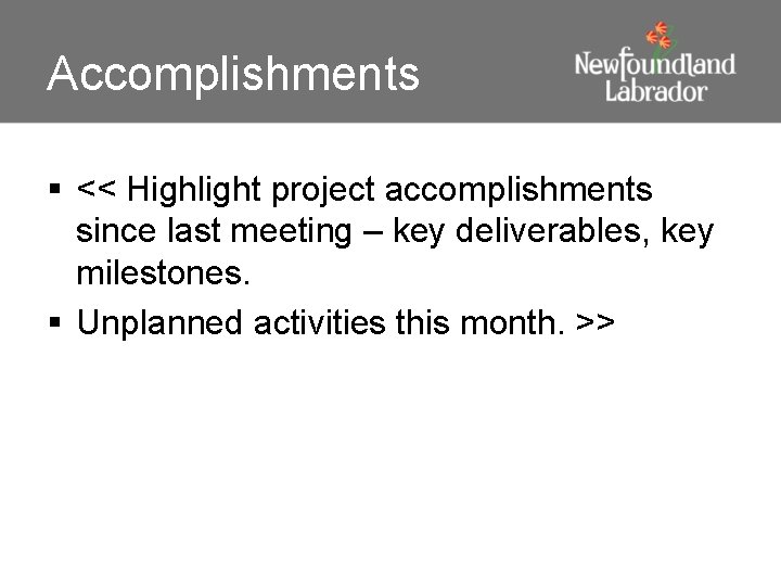 Accomplishments § << Highlight project accomplishments since last meeting – key deliverables, key milestones. Accomplishments § << Highlight project accomplishments since last meeting – key deliverables, key milestones.