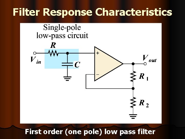 Filter Response Characteristics First order (one pole) low pass filter 