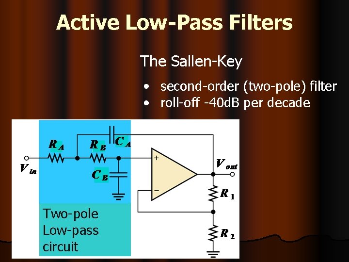 Active Low-Pass Filters The Sallen-Key • second-order (two-pole) filter • roll-off -40 d. B