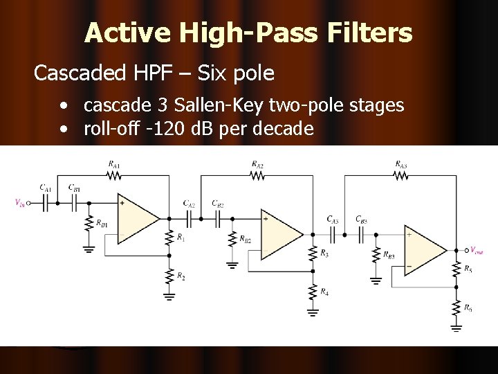 Active High-Pass Filters Cascaded HPF – Six pole • cascade 3 Sallen-Key two-pole stages