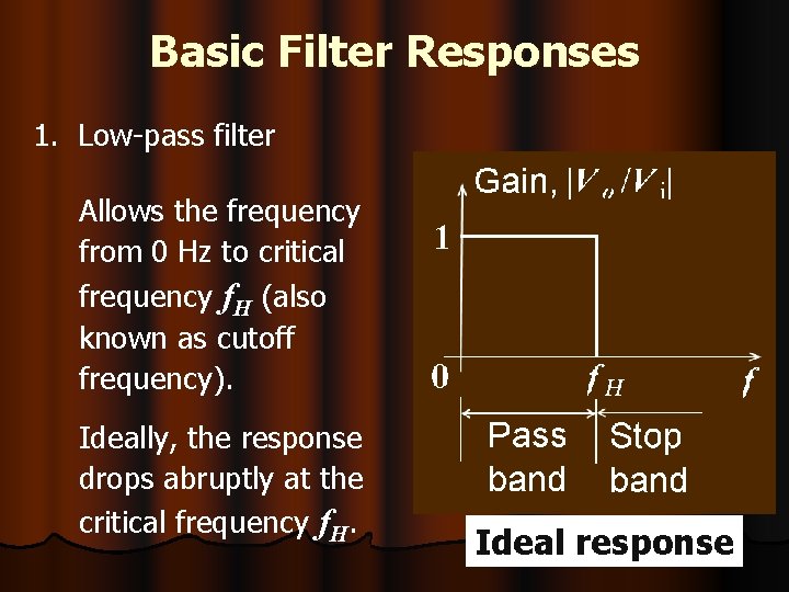 Basic Filter Responses 1. Low-pass filter Allows the frequency from 0 Hz to critical