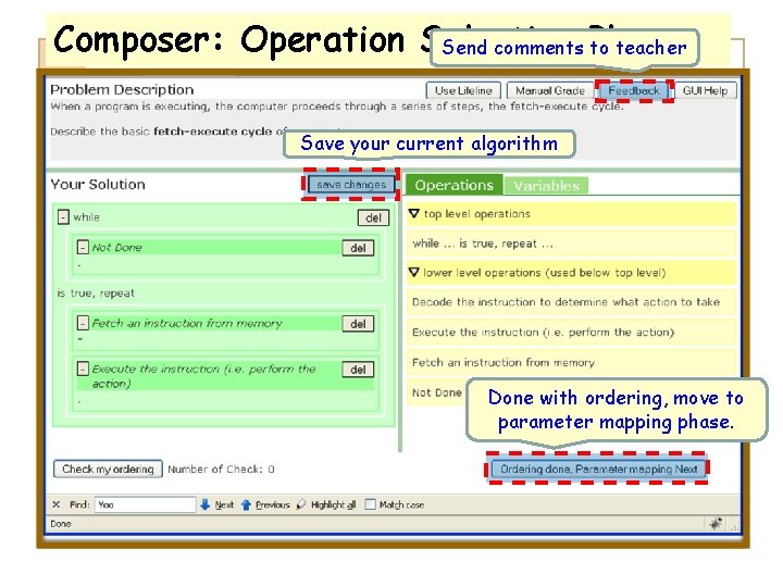 Composer: Operation Selection Send comments Phase to teacher Save your current algorithm Done with