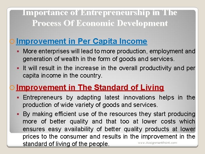 Importance of Entrepreneurship in The Process Of Economic Development Improvement in Per Capita Income