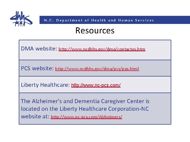 Resources DMA website: http: //www. ncdhhs. gov/dma/contactus. htm PCS website: http: //www. ncdhhs. gov/dma/pcs/pas.