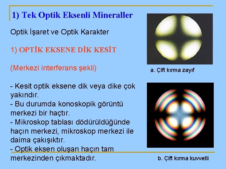 1) Tek Optik Eksenli Mineraller Optik İşaret ve Optik Karakter 1) OPTİK EKSENE DİK