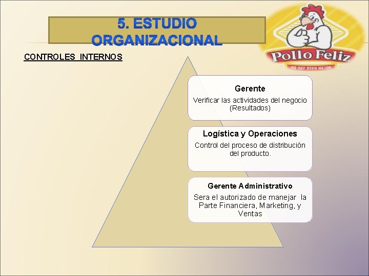  CONTROLES INTERNOS Gerente Verificar las actividades del negocio (Resultados) Logística y Operaciones Control