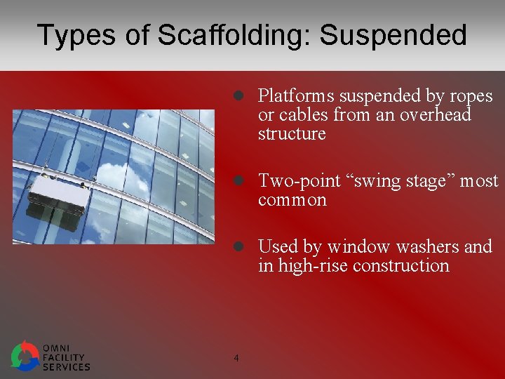 Types of Scaffolding: Suspended l Platforms suspended by ropes or cables from an overhead