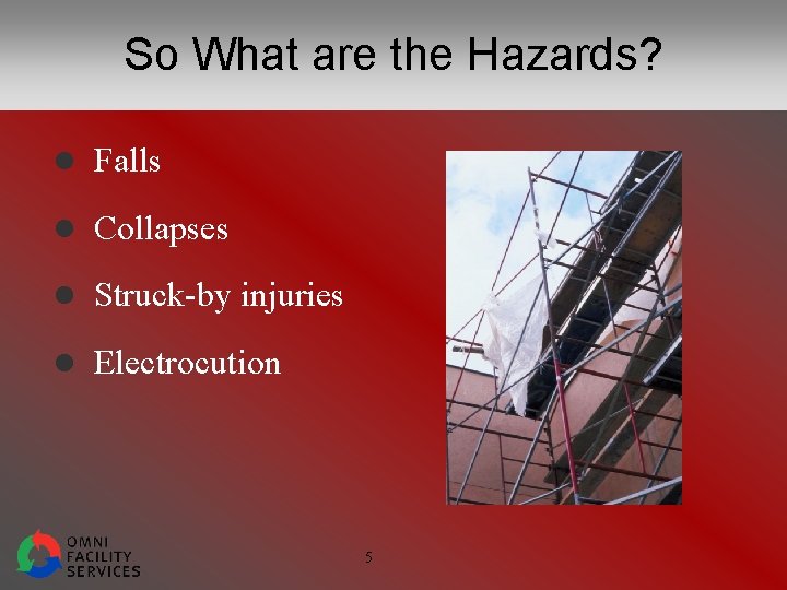 So What are the Hazards? l Falls l Collapses l Struck-by injuries l Electrocution