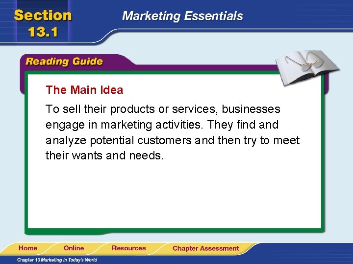 The Main Idea To sell their products or services, businesses engage in marketing activities. The Main Idea To sell their products or services, businesses engage in marketing activities.