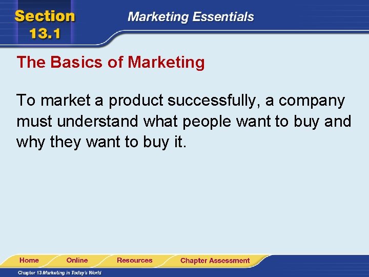 The Basics of Marketing To market a product successfully, a company must understand what The Basics of Marketing To market a product successfully, a company must understand what