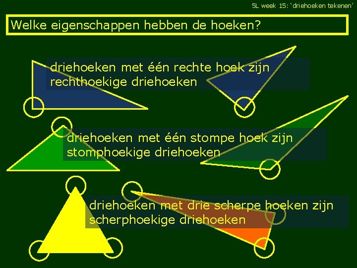 5 L week 15: ‘driehoeken tekenen’ Welke eigenschappen hebben de hoeken? driehoeken met één