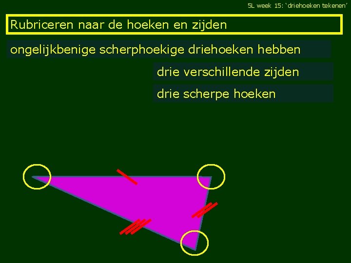 5 L week 15: ‘driehoeken tekenen’ Rubriceren naar de hoeken en zijden ongelijkbenige scherphoekige