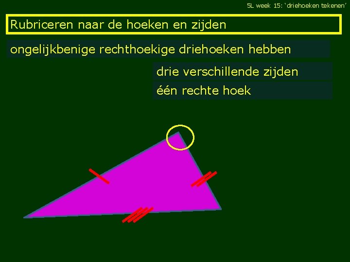 5 L week 15: ‘driehoeken tekenen’ Rubriceren naar de hoeken en zijden ongelijkbenige rechthoekige