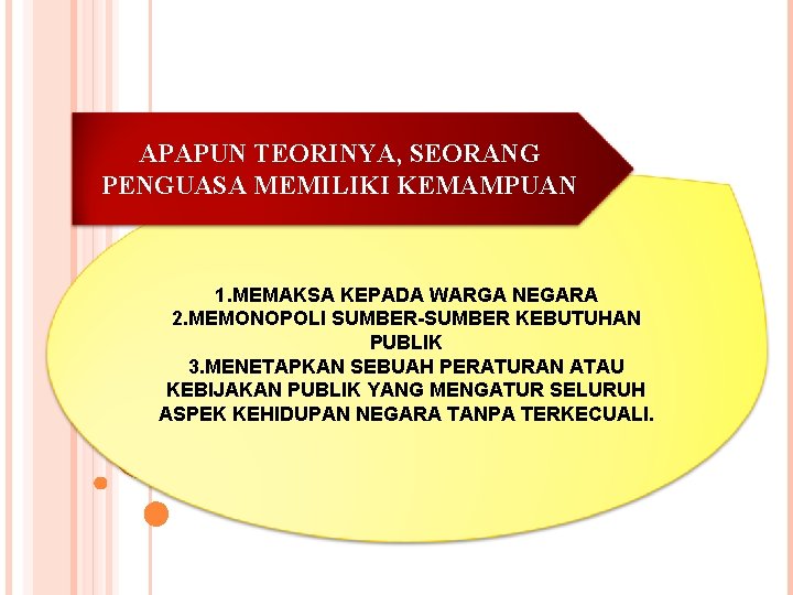 APAPUN TEORINYA, SEORANG PENGUASA MEMILIKI KEMAMPUAN 1. MEMAKSA KEPADA WARGA NEGARA 2. MEMONOPOLI SUMBER-SUMBER