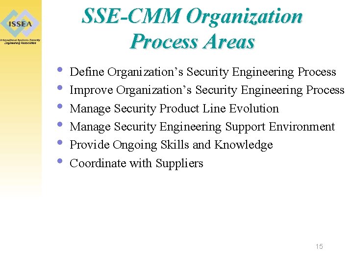 SSE-CMM Organization Process Areas • • • Define Organization’s Security Engineering Process Improve Organization’s