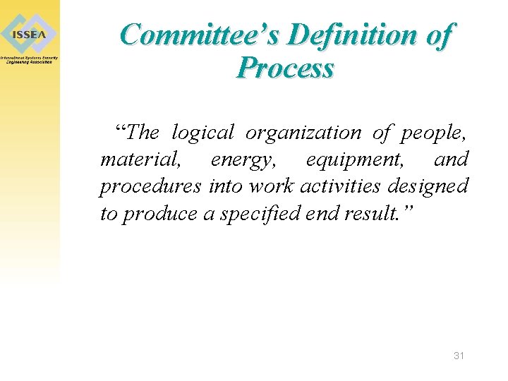 Committee’s Definition of Process “The logical organization of people, material, energy, equipment, and procedures