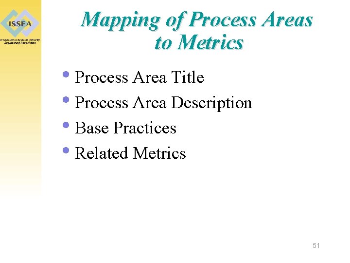 Mapping of Process Areas to Metrics • Process Area Title • Process Area Description