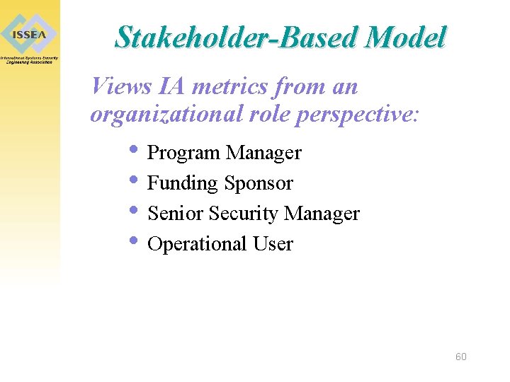 Stakeholder-Based Model Views IA metrics from an organizational role perspective: • Program Manager •