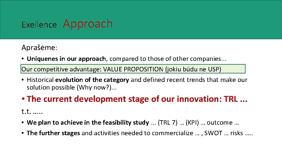 Exellence Approach Aprašėme: • Uniquenes in our approach, compared to those of other companies.