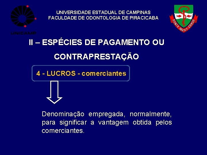 UNIVERSIDADE ESTADUAL DE CAMPINAS FACULDADE DE ODONTOLOGIA DE PIRACICABA II – ESPÉCIES DE PAGAMENTO