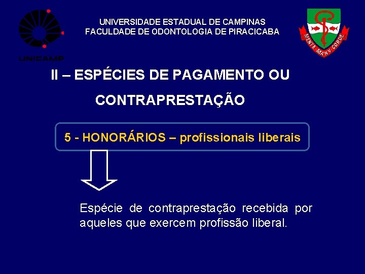 UNIVERSIDADE ESTADUAL DE CAMPINAS FACULDADE DE ODONTOLOGIA DE PIRACICABA II – ESPÉCIES DE PAGAMENTO