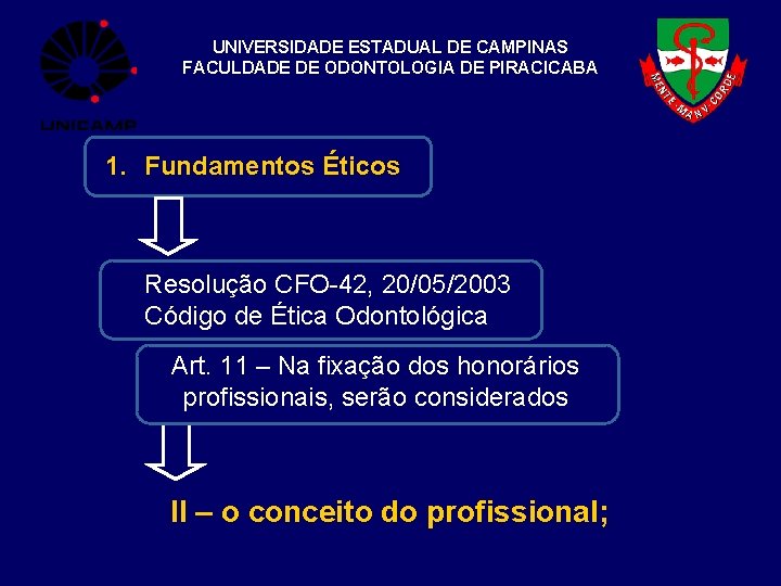 UNIVERSIDADE ESTADUAL DE CAMPINAS FACULDADE DE ODONTOLOGIA DE PIRACICABA 1. Fundamentos Éticos Resolução CFO-42,