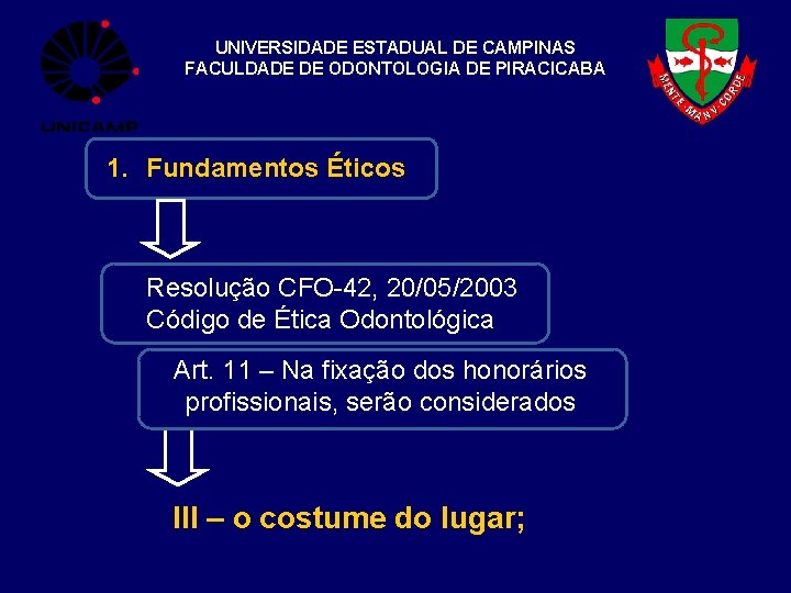 UNIVERSIDADE ESTADUAL DE CAMPINAS FACULDADE DE ODONTOLOGIA DE PIRACICABA 1. Fundamentos Éticos Resolução CFO-42,