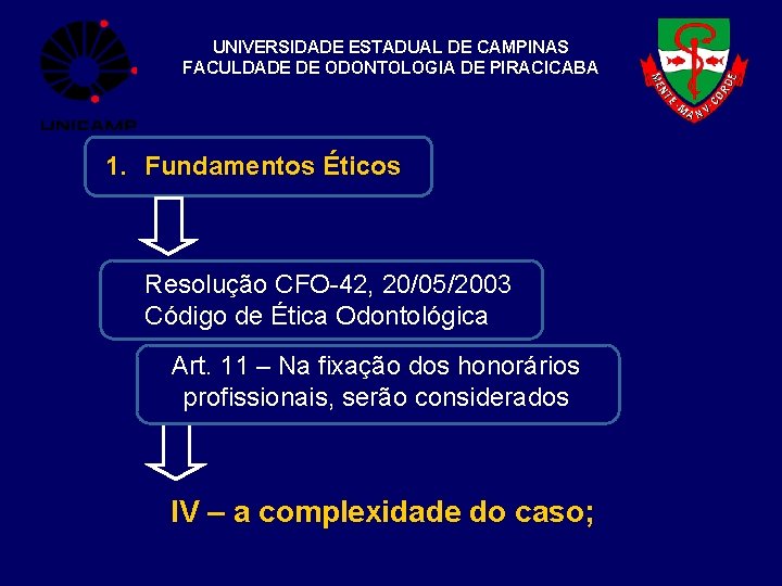 UNIVERSIDADE ESTADUAL DE CAMPINAS FACULDADE DE ODONTOLOGIA DE PIRACICABA 1. Fundamentos Éticos Resolução CFO-42,