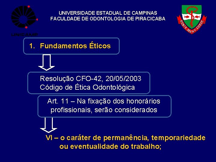 UNIVERSIDADE ESTADUAL DE CAMPINAS FACULDADE DE ODONTOLOGIA DE PIRACICABA 1. Fundamentos Éticos Resolução CFO-42,