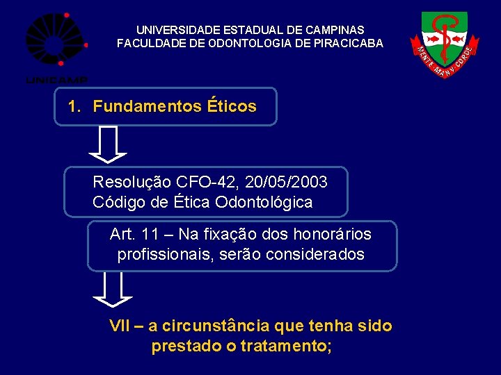 UNIVERSIDADE ESTADUAL DE CAMPINAS FACULDADE DE ODONTOLOGIA DE PIRACICABA 1. Fundamentos Éticos Resolução CFO-42,