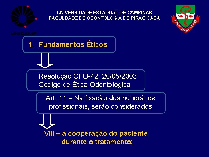 UNIVERSIDADE ESTADUAL DE CAMPINAS FACULDADE DE ODONTOLOGIA DE PIRACICABA 1. Fundamentos Éticos Resolução CFO-42,