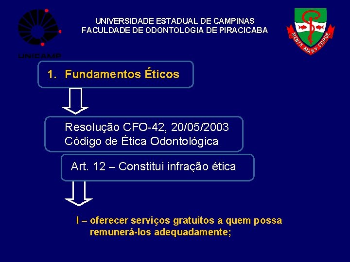 UNIVERSIDADE ESTADUAL DE CAMPINAS FACULDADE DE ODONTOLOGIA DE PIRACICABA 1. Fundamentos Éticos Resolução CFO-42,