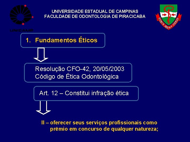 UNIVERSIDADE ESTADUAL DE CAMPINAS FACULDADE DE ODONTOLOGIA DE PIRACICABA 1. Fundamentos Éticos Resolução CFO-42,