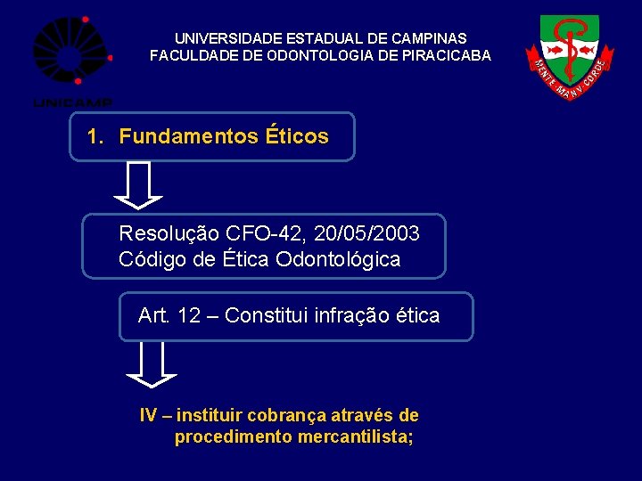 UNIVERSIDADE ESTADUAL DE CAMPINAS FACULDADE DE ODONTOLOGIA DE PIRACICABA 1. Fundamentos Éticos Resolução CFO-42,