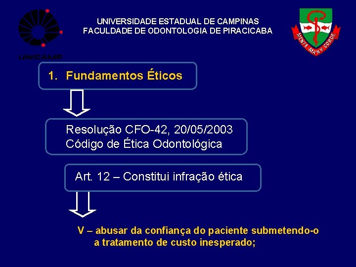 UNIVERSIDADE ESTADUAL DE CAMPINAS FACULDADE DE ODONTOLOGIA DE PIRACICABA 1. Fundamentos Éticos Resolução CFO-42,